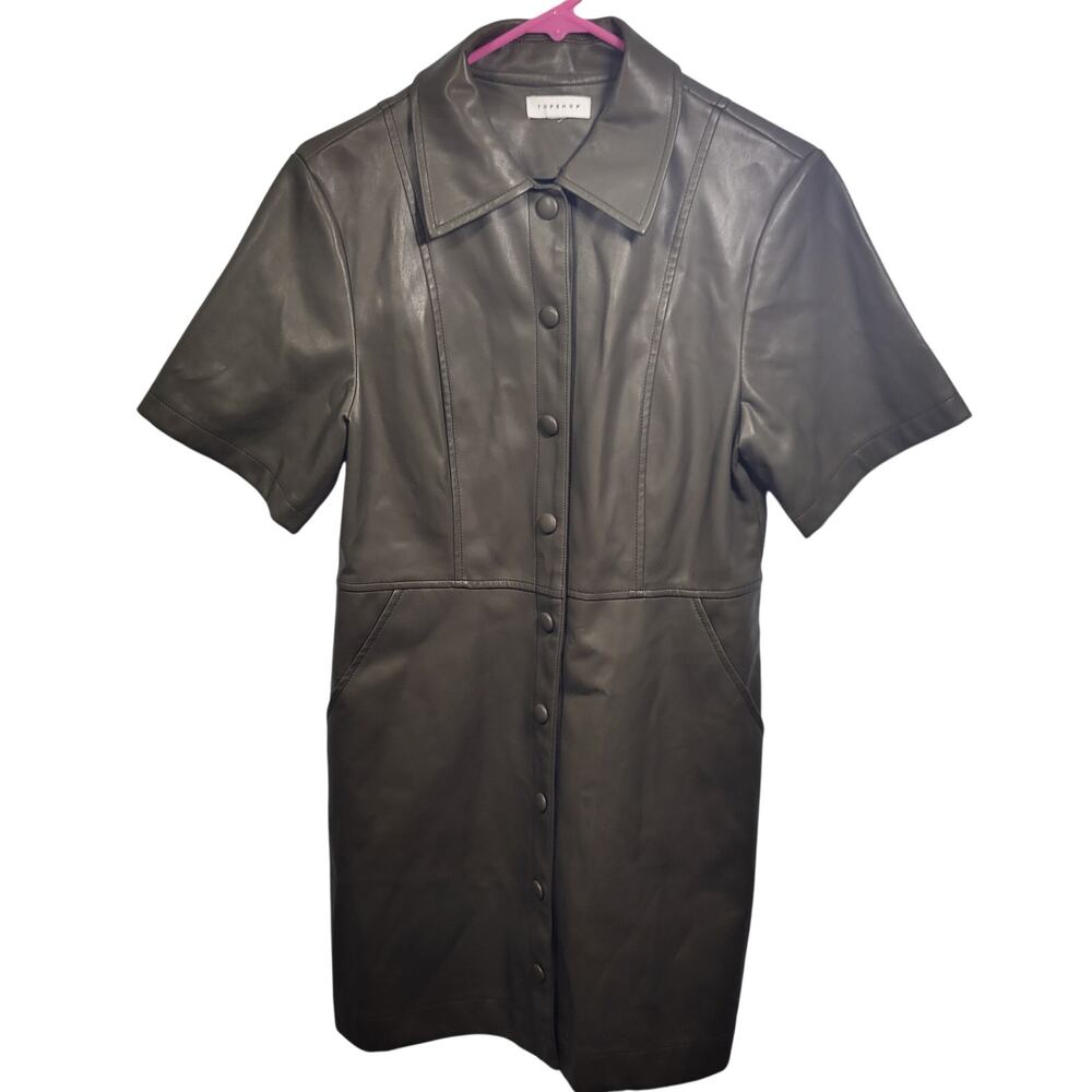 Topshop Women's Olive Green Faux Leather Vegan Mini Dress Size 8  41626-1333 - Picture 7 of 7